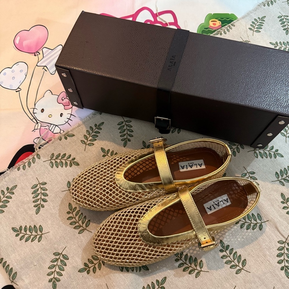 Alaia Metallic Gold Mesh Mary Jane Flats